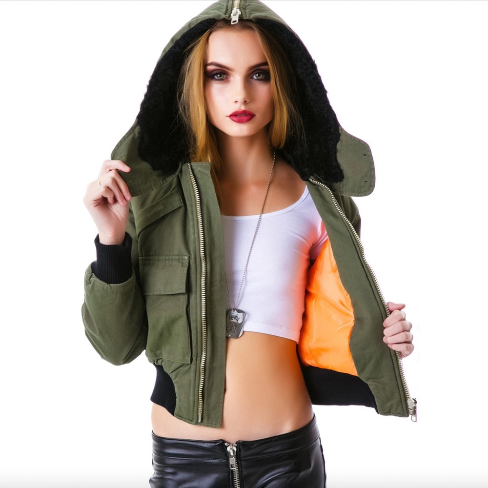 UNIF Trench Cropped Bomber Jacket Military in Olive Orange Black Women's size S